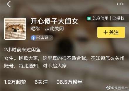 吴昕关闭闲鱼账号：抱歉大家 这里真的不适合我