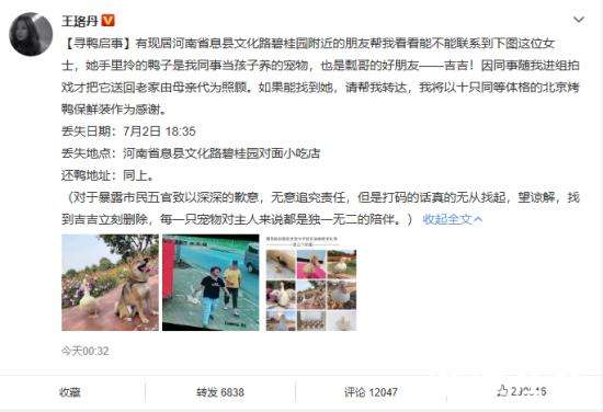 王珞丹发寻鸭启事是怎么回事?什么样的鸭子?【图】