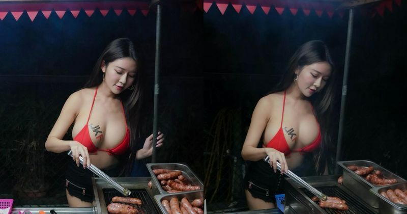 台中香肠摊火辣妹子烤香肠画面超吸睛！那汹涌视角真的好犯规喔~安希