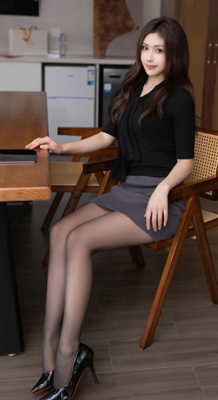 衬衫包臀裙，肉丝大长腿